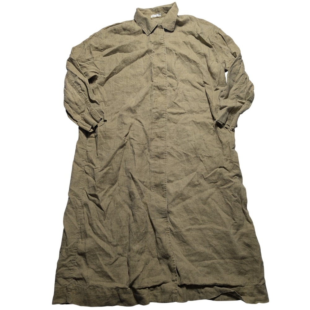 Oysho Women Size S/M 100% Linen 3/4 Sleeve Maxi Shirt Dress Green Drab EUC
